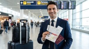 Assistenza per Visto d'Affari USA - Studio Dinamica Viaggiatore d'affari italiano con passaporto e richiesta visto USA approvata in aeroporto.